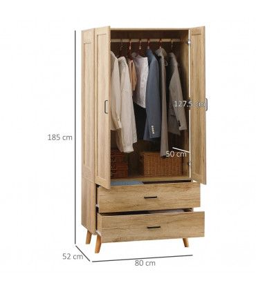 2 Door Wardrobe, Modern Wardrobe w/ 2 Drawer, Hanging Rail for Bedroom Natural