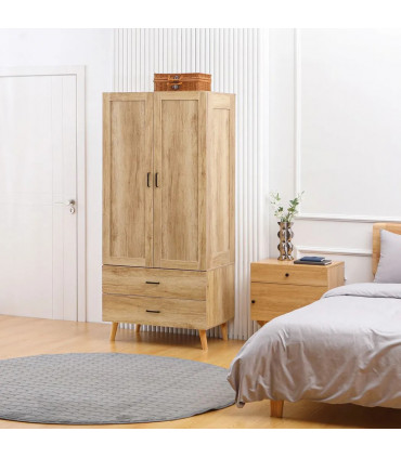 2 Door Wardrobe, Modern Wardrobe w/ 2 Drawer, Hanging Rail for Bedroom Natural