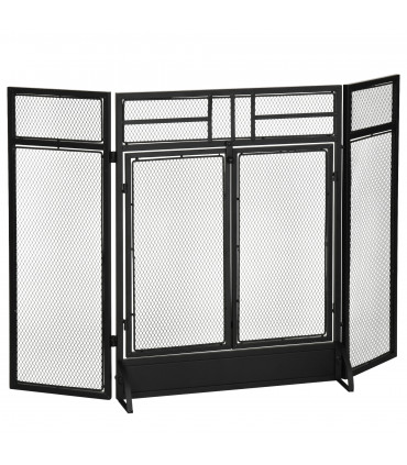 3-Panel Folding Fireplace Screen Spark Guard Metal Mesh Fireguard Black