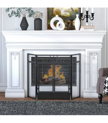 3-Panel Folding Fireplace Screen Spark Guard Metal Mesh Fireguard Black