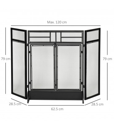 3-Panel Folding Fireplace Screen Spark Guard Metal Mesh Fireguard Black
