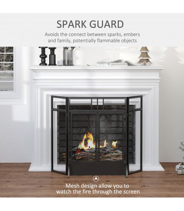3-Panel Folding Fireplace Screen Spark Guard Metal Mesh Fireguard Black