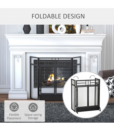 3-Panel Folding Fireplace Screen Spark Guard Metal Mesh Fireguard Black