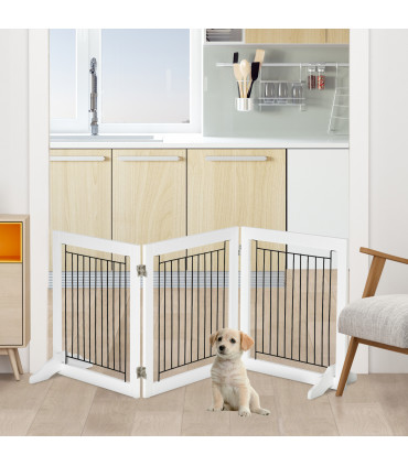 Foldable Dog Gate Freestanding Wooden Pet Barrier w/ 3 Panels, 2 Support Feet
