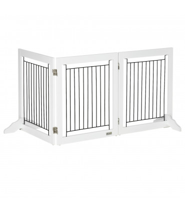 Foldable Dog Gate Freestanding Wooden Pet Barrier w/ 3 Panels, 2 Support Feet