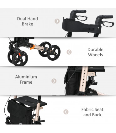 4 Wheel Rollator Walker with Seat Adjustable Mobility Walker with Bag, Gold Tone