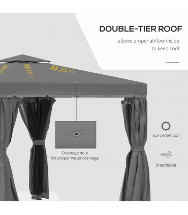 3 x 3m Gazebo Canopy 2 Tier Roof, Mosquito Net, Aluminum, Dark Grey
