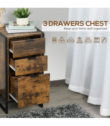 Industrial 3-Drawer Storage Chest Metal Frame Freestanding Unit Brown