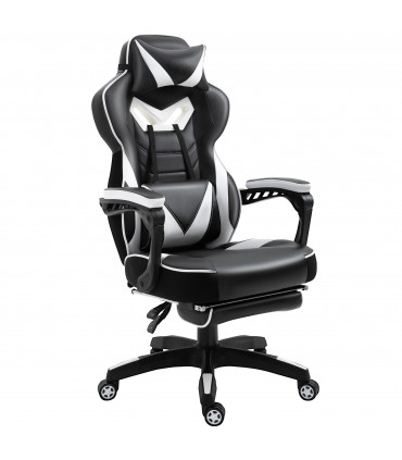 Gaming Chair White Faux Leather Stylish Office Reclining Manual Footrest Wheels
