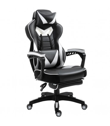 Gaming Chair White Faux Leather Stylish Office Reclining Manual Footrest Wheels