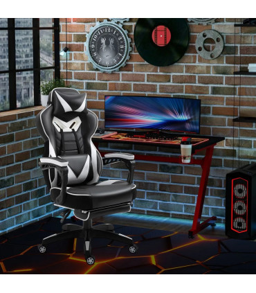 Gaming Chair White Faux Leather Stylish Office Reclining Manual Footrest Wheels