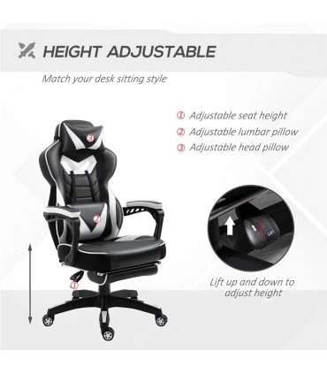 Gaming Chair White Faux Leather Stylish Office Reclining Manual Footrest Wheels