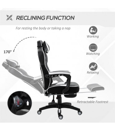 Gaming Chair White Faux Leather Stylish Office Reclining Manual Footrest Wheels
