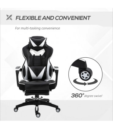 Gaming Chair White Faux Leather Stylish Office Reclining Manual Footrest Wheels