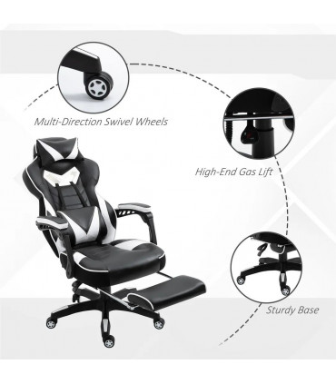 Gaming Chair White Faux Leather Stylish Office Reclining Manual Footrest Wheels