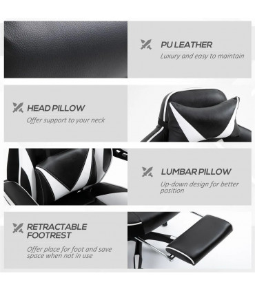 Gaming Chair White Faux Leather Stylish Office Reclining Manual Footrest Wheels