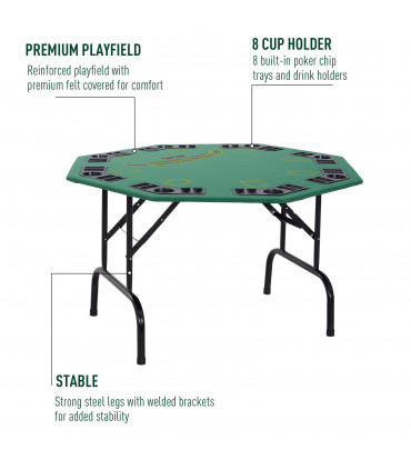 8 Player Folding Games Poker Table Chip Cup Holder Steel Base Felt  HOMCOM