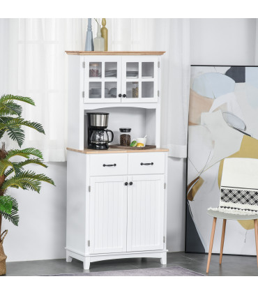 Kitchen Cupboard, Framed Glass Doors, 2 Drawers, Microwave Counter, White