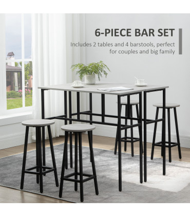 6-Piece Bar Table Set, 2 Breakfast Tables with 4 Stools,Grey