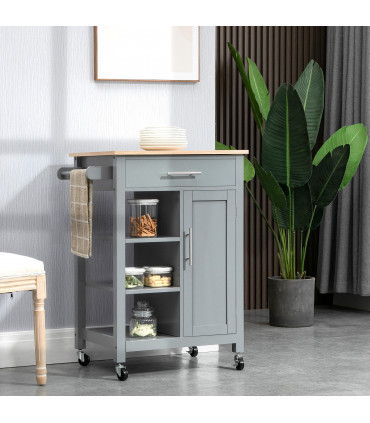 Kitchen Trolley Utility Cart on Wheels with Open Shelf & Storage Drawer Grey