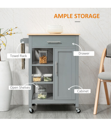 Kitchen Trolley Utility Cart on Wheels with Open Shelf & Storage Drawer Grey
