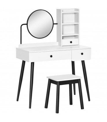 Dressing Table Set with 3 Drawers, Storage shelves and Stool, White