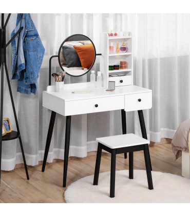 Dressing Table Set with 3 Drawers, Storage shelves and Stool, White