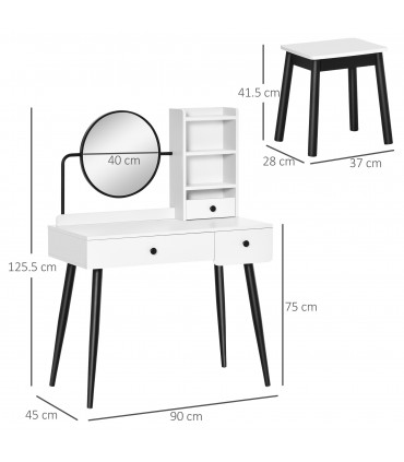 Dressing Table Set with 3 Drawers, Storage shelves and Stool, White