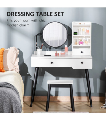 Dressing Table Set with 3 Drawers, Storage shelves and Stool, White
