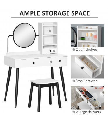 Dressing Table Set with 3 Drawers, Storage shelves and Stool, White