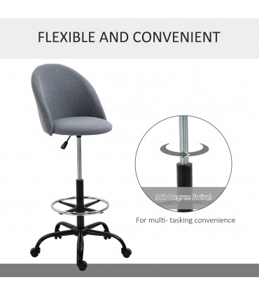 97cm Draughtsman Chair Home Office  5 Wheels Padded Seat Grey Vinsetto