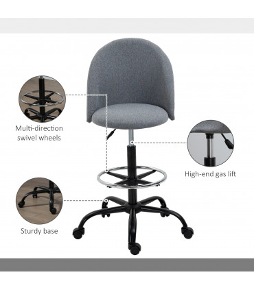 97cm Draughtsman Chair Home Office  5 Wheels Padded Seat Grey Vinsetto
