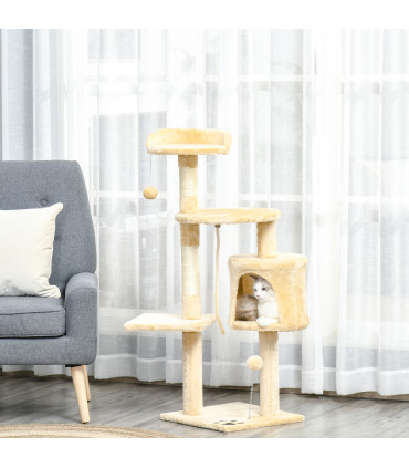 Cat Tree Activity Centre Scratching Post With Toys 4-tier Beige 114cm Pawhut