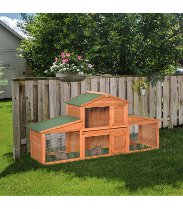 Deluxe Fir Wood Rabbit Hutch 2-Tier Metal Guinea Pig Small Animal House Pawhut