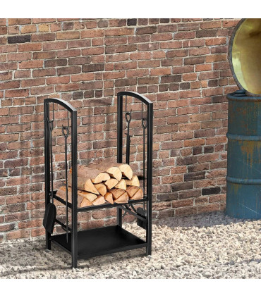 Indoor Outdoor Firewood Rack Log Holder Wood Storage with Hooks 4 Tools Black