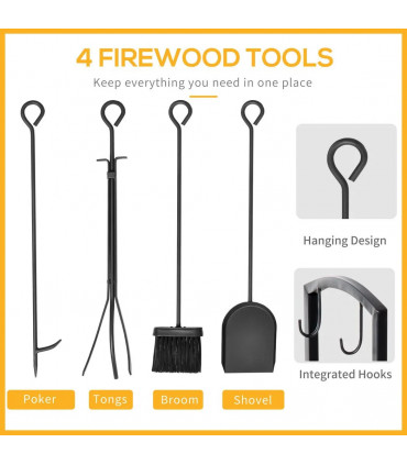 Indoor Outdoor Firewood Rack Log Holder Wood Storage with Hooks 4 Tools Black