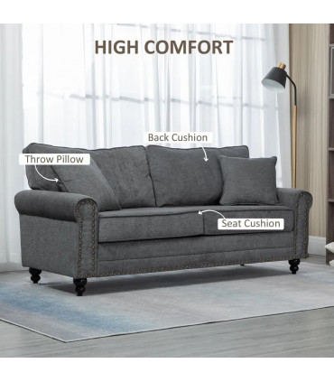 2 Seater Sofas Fabric Sofa with Nailhead Trim Cushions and Throw Pillows Grey