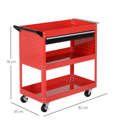 3-tier Tool Trolley Cart Roller Cabinet Storage Box Lockable Casters Red