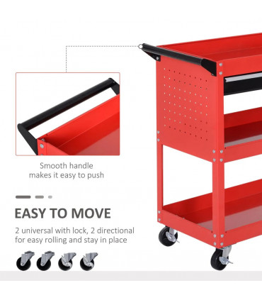 3-tier Tool Trolley Cart Roller Cabinet Storage Box Lockable Casters Red