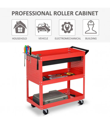 3-tier Tool Trolley Cart Roller Cabinet Storage Box Lockable Casters Red