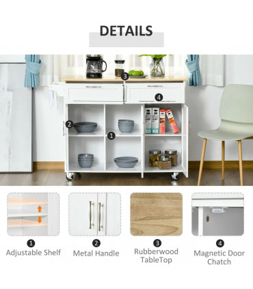 Kitchen Island Utility Cart, with 2 Storage Drawers Cabinets Dining Room White