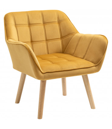 Luxe Velvet-Feel Accent Chair w/ Wide Arms Slanted Back Padding Wood Legs Yellow