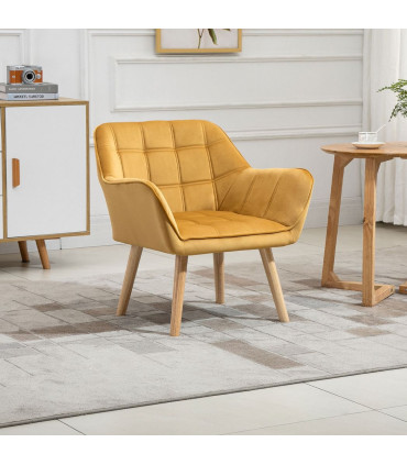 Luxe Velvet-Feel Accent Chair w/ Wide Arms Slanted Back Padding Wood Legs Yellow