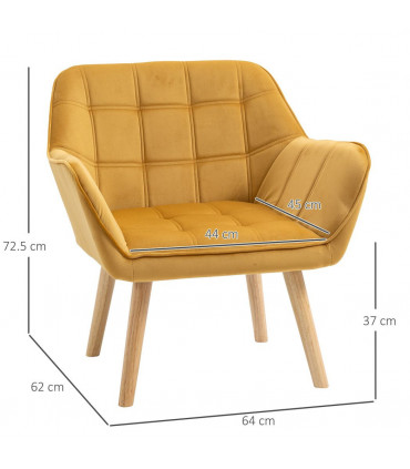 Luxe Velvet-Feel Accent Chair w/ Wide Arms Slanted Back Padding Wood Legs Yellow