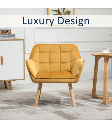 Luxe Velvet-Feel Accent Chair w/ Wide Arms Slanted Back Padding Wood Legs Yellow