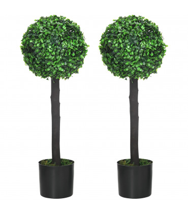 HOMCOM Set of 2 Potted Artificial Plants Boxwood Ball Trees Outdoor, 60cm