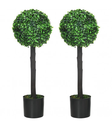 HOMCOM Set of 2 Potted Artificial Plants Boxwood Ball Trees Outdoor, 60cm