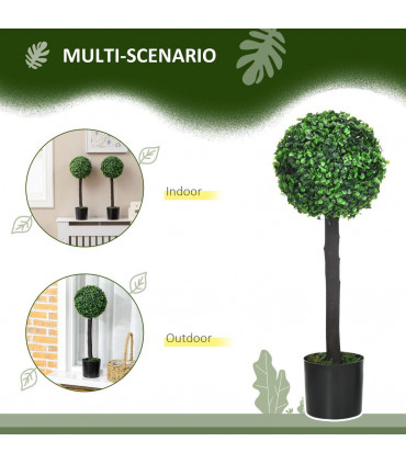 HOMCOM Set of 2 Potted Artificial Plants Boxwood Ball Trees Outdoor, 60cm