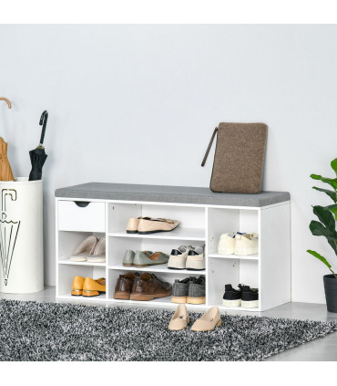 HOMCOM Shoe Storage Cabinet Bench w/ Cushion Adjustable Shelves White and Grey