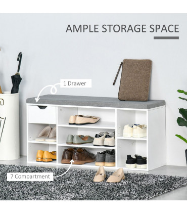 HOMCOM Shoe Storage Cabinet Bench w/ Cushion Adjustable Shelves White and Grey